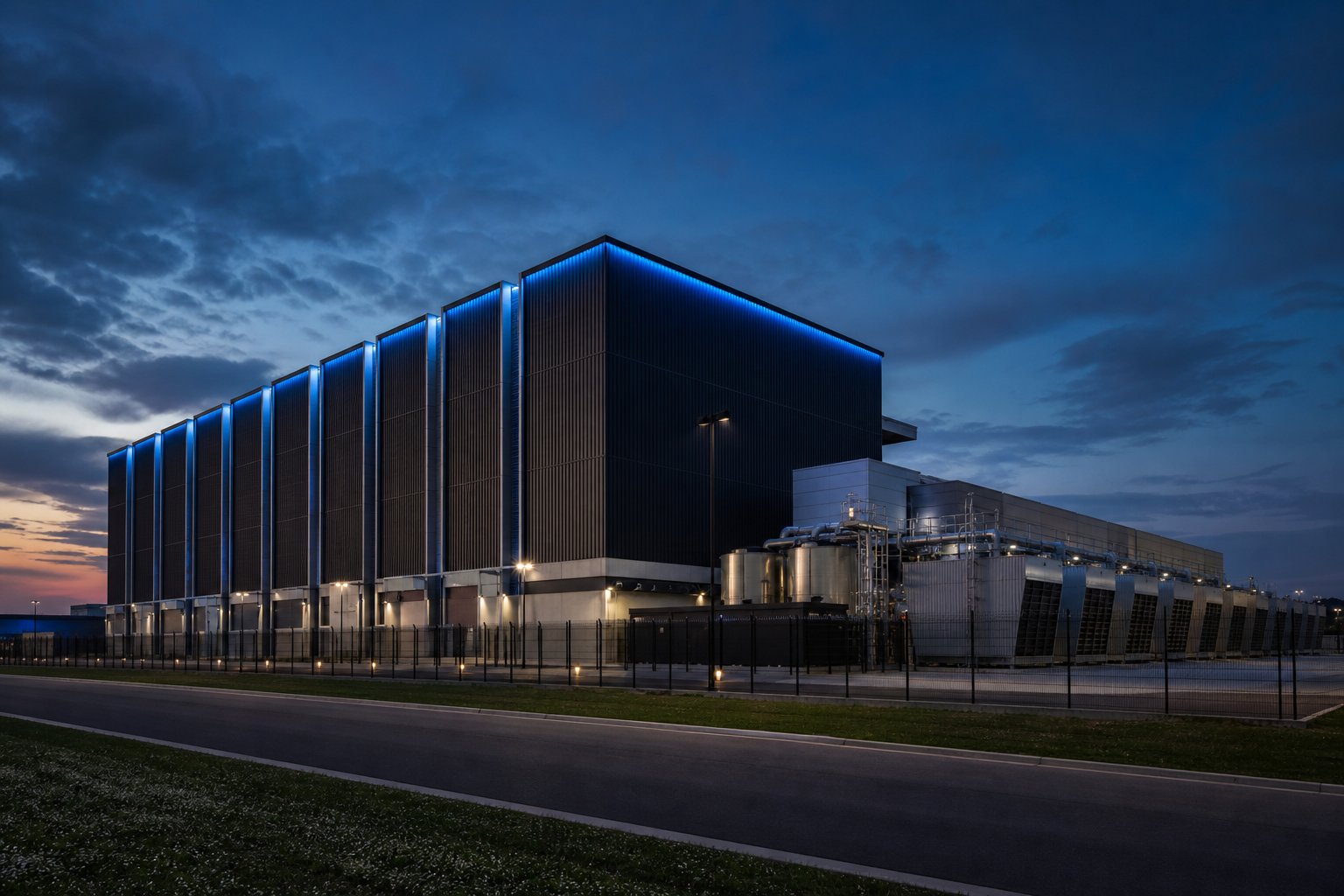 Hyperscale data center campus at dusk